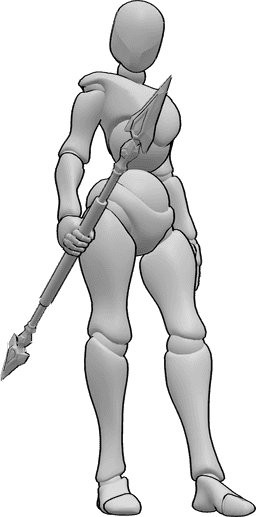 Pose Reference- Female standing spear pose - Female is standing, holding a spear in her right hand and looking to the right