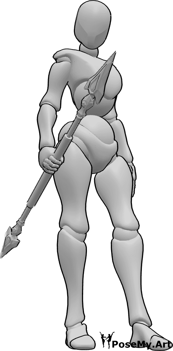 Referencia de poses- Mujer en posición de lanza - Mujer de pie, con una lanza en la mano derecha y mirando a la derecha.