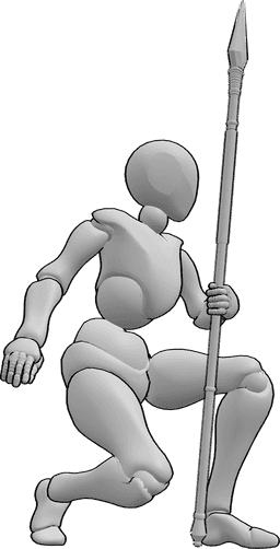 Referencia de poses- Postura de lanza agachada - Mujer agachada, con una lanza en la mano izquierda y mirando a la izquierda.