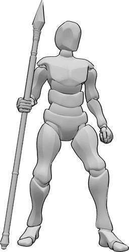 Pose Reference- Standing holding spear pose - Male is standing confidently and holding a spear in his right hand