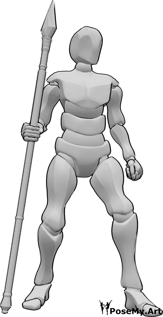 Pose Reference- Standing holding spear pose - Male is standing confidently and holding a spear in his right hand