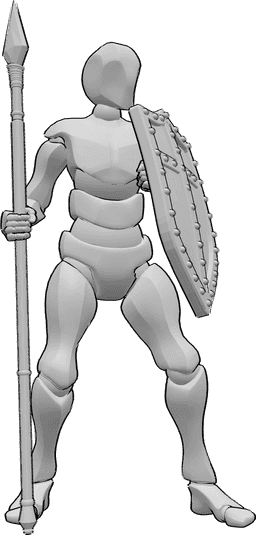 Referência de poses- Pose de escudo com lança - Homem de pé, segurando um escudo na mão esquerda e uma lança na mão direita