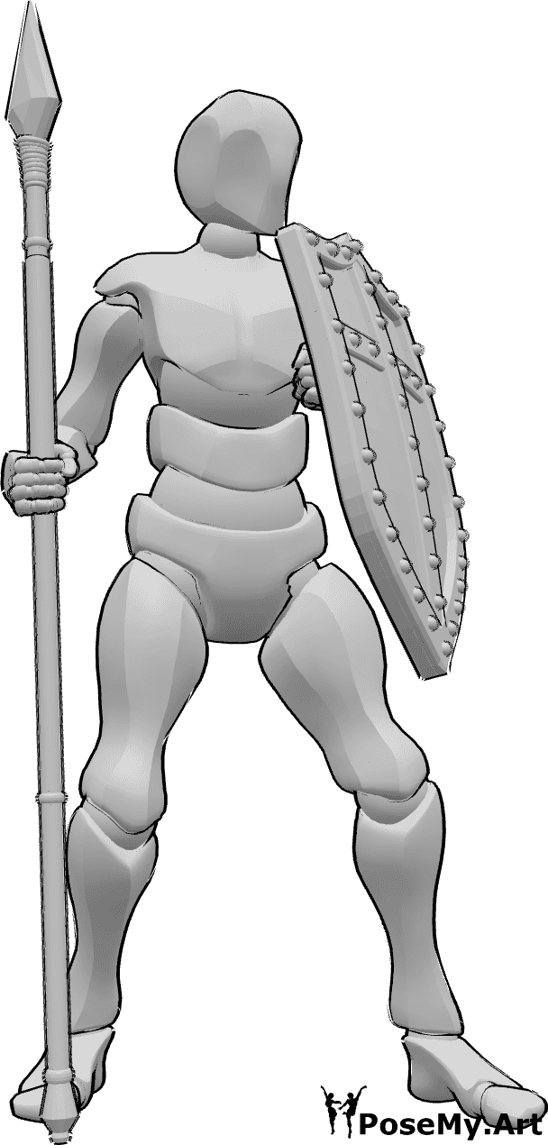 Referencia de poses- Pose de escudo con lanza - Varón de pie, con un escudo en la mano izquierda y una lanza en la derecha.