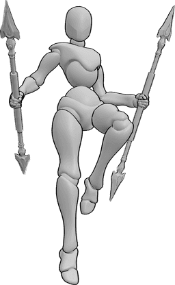 Référence des poses- Pose flottante tenant des lances - La femme flotte dans les airs et tient des lances dans ses deux mains.