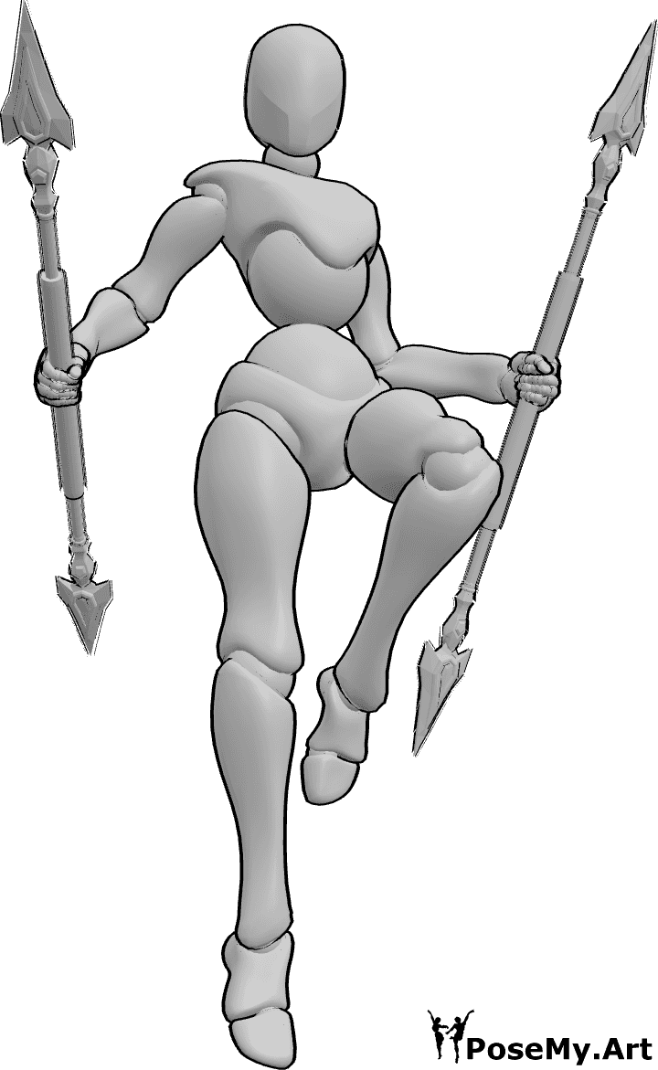 Referencia de poses- Postura flotante sosteniendo lanzas - Mujer flotando en el aire y sosteniendo lanzas en ambas manos.