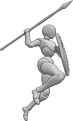 Référence des poses- Pose d'attaque à la lance pour une femme - La femme saute et s'apprête à lancer sa lance, tenant un bouclier dans sa main gauche.