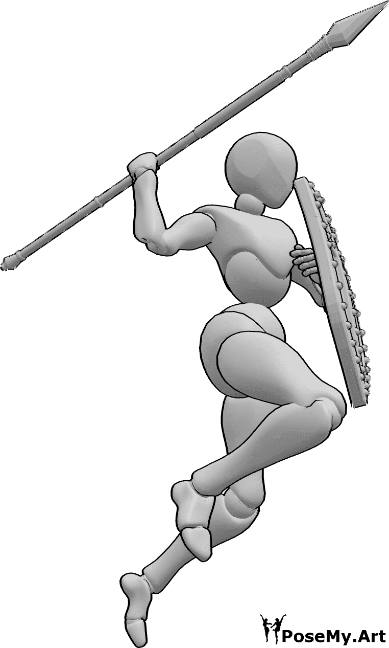 Referencia de poses- Postura femenina de ataque con lanza - Mujer está saltando y está a punto de lanzar su lanza, sosteniendo un escudo en su mano izquierda