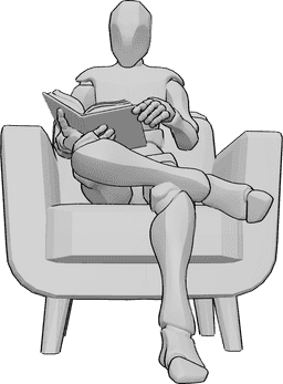 Référence des poses- Homme assis en train de lire - L'homme est assis dans le fauteuil, les jambes croisées, un livre à la main, en train de lire.