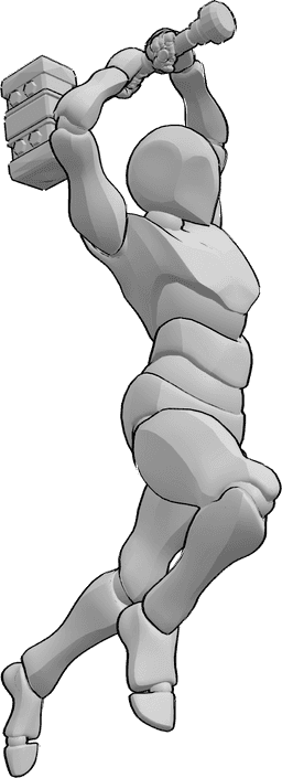 Posen-Referenz- Männliche Hammerschlag-Pose - Das Männchen hält den Hammer mit beiden Händen, springt auf und schwingt ihn nach hinten, um zuzuschlagen