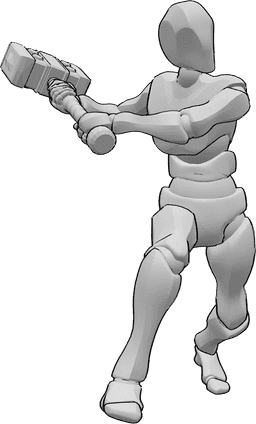 Referência de poses- Pose de golpe de martelo em pé - O homem está a segurar o martelo com as duas mãos e balança-o para a direita para bater