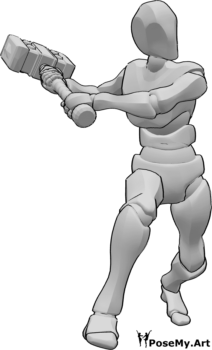 Referência de poses- Pose de golpe de martelo em pé - O homem está a segurar o martelo com as duas mãos e balança-o para a direita para bater