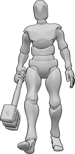 Referência de poses- Manter a pose de marcha do martelo - Homem segurando um martelo na mão direita e caminhando, em pose de martelo