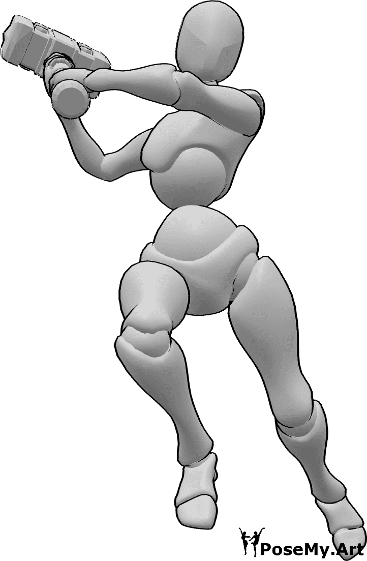 Referencia de poses- Postura femenina de golpe de martillo - La mujer sujeta el martillo con ambas manos, salta y lo balancea hacia atrás para golpear