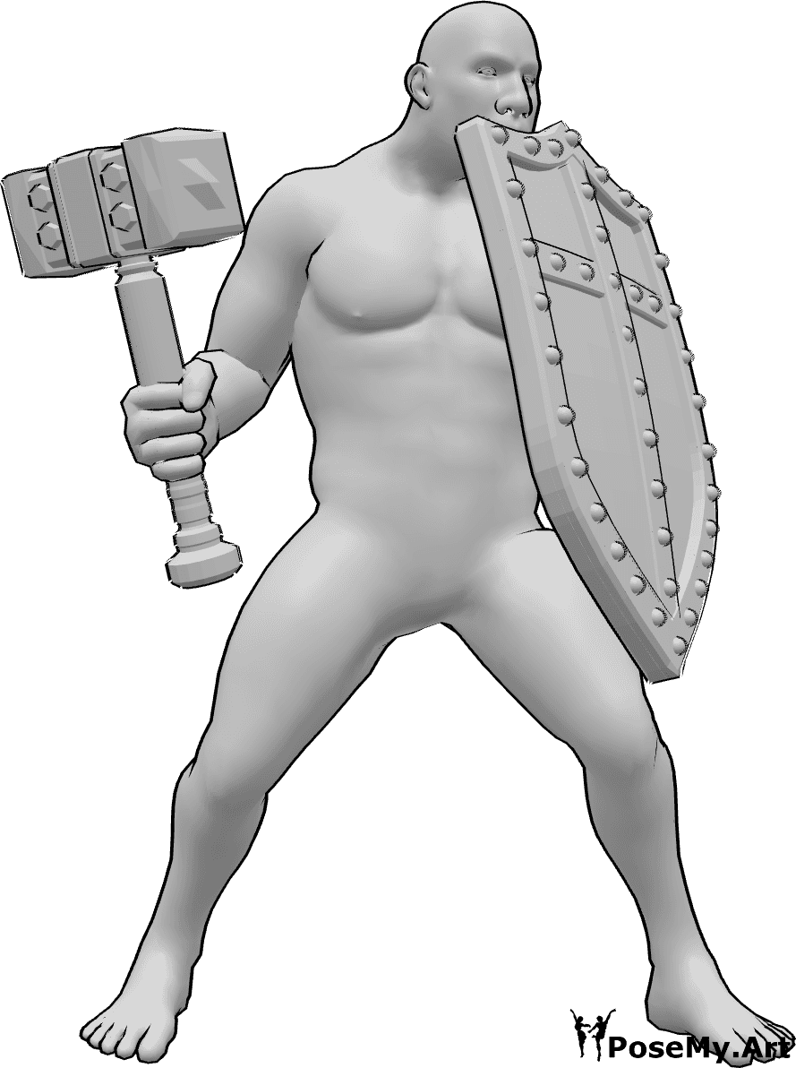 Pose Reference- Holding shield hammer pose - Brute male is standing, holding a hammer in his right hand and a shield in his left hand