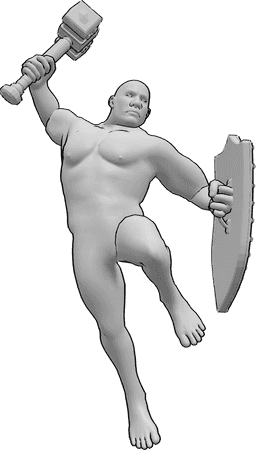 Referência de poses- Pose de ataque masculino bruto - O homem bruto salta para atacar com o martelo, segurando um escudo na mão esquerda