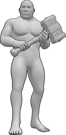 Référence des poses- Brute mâle pose du marteau - L'homme Brute est debout et tient un marteau à deux mains, il prend la pose du marteau.