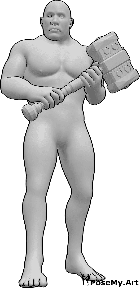 Référence des poses- Brute mâle pose du marteau - L'homme Brute est debout et tient un marteau à deux mains, il prend la pose du marteau.