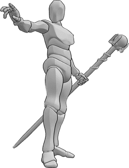 Référence des poses- Pose de l'homme sorcier - L'homme sorcier tient un bâton dans sa main gauche et jette un sort de sa main droite.