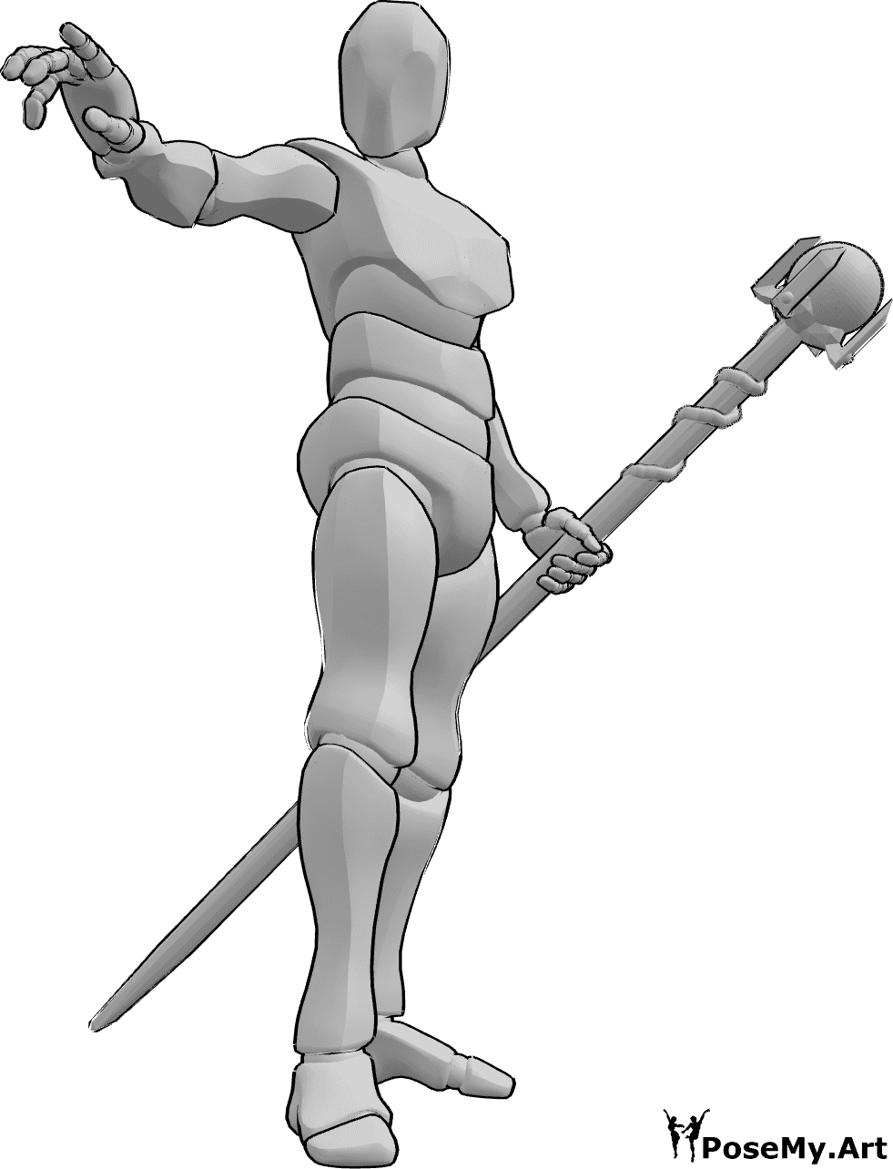 Referencia de poses- Pose de hombre mago - Mago masculino sostiene un bastón en la mano izquierda y lanza un hechizo con la derecha