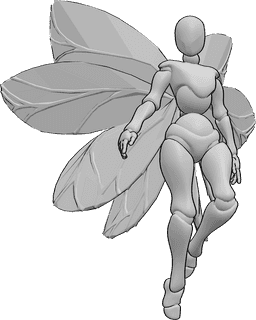 Referencia de poses- Postura mágica de hada - Mujer con alas de hada está volando, flotando en el aire, mirando a la izquierda
