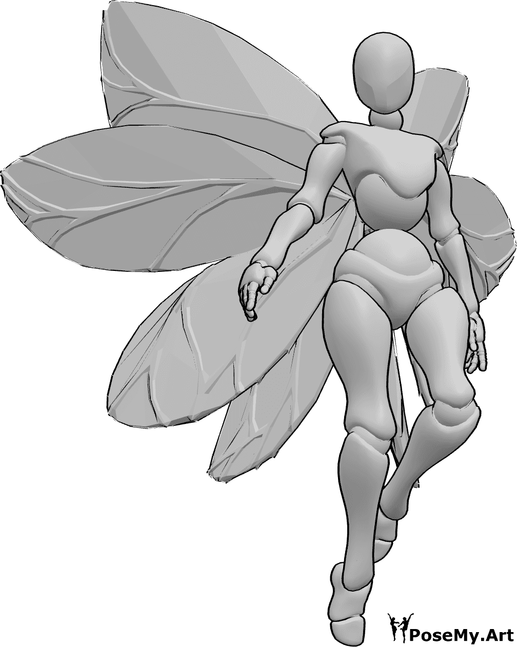 Pose Reference- Fairy magic pose - Female with fairy wings is flying, floating in the air, looking to the left