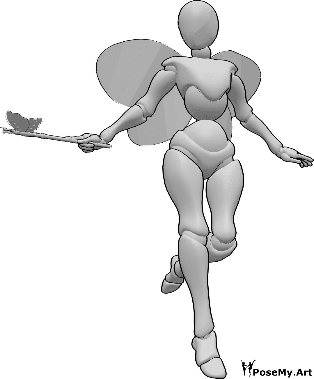 Référence des poses- Baguette de fée, pose magique - Une femme fée vole et jette un sort avec sa baguette de fée.