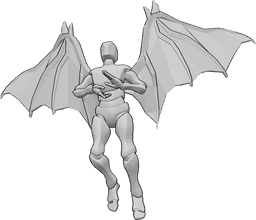 Posen-Referenz- Fliegender Zauberspruch Pose - Männchen mit Teufelsflügeln fliegt, schaut nach oben und spricht einen Zauberspruch mit seinen Händen