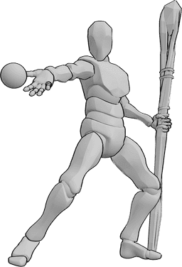 Riferimento alle pose- Posa maschile di lancio dell'incantesimo - Uomo in piedi che lancia un incantesimo con la mano destra e tiene un bastone da mago con la mano sinistra