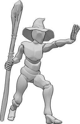 Referencia de poses- Pose de hechicero - Mago varón está de pie y lanza un hechizo con la mano izquierda, sosteniendo un bastón de mago en la mano derecha