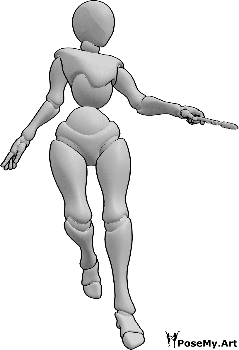Referencia de poses- Postura de varita de bruja flotante - Una mujer flota en el aire y lanza un hechizo con su varita de bruja.