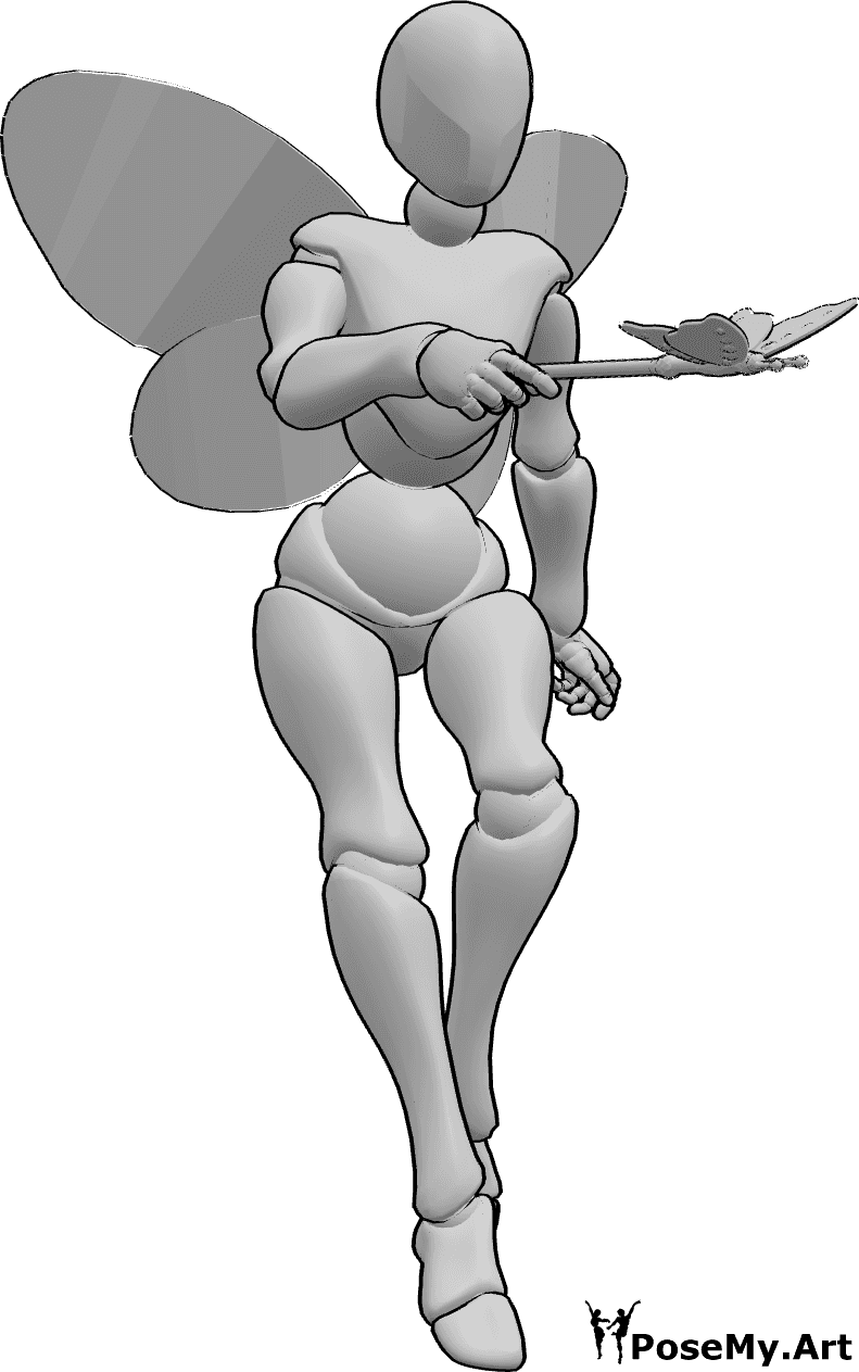Posen-Referenz- Feenstab-Pose - Die weibliche Fee fliegt und spricht einen Zauberspruch mit ihrem Feenstab in der rechten Hand