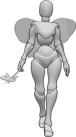 Référence des poses- Pose de la baguette de fée - La fée marche et tient une baguette de fée dans sa main droite, pose de la baguette de fée