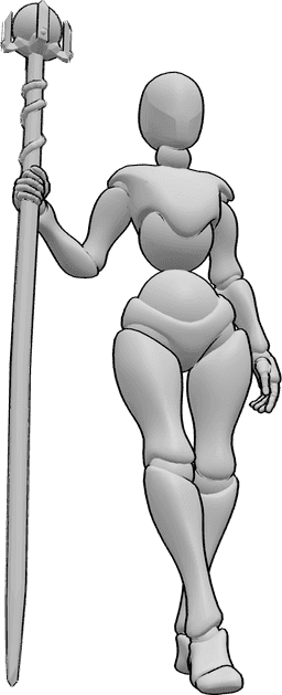 Referencia de poses- Postura femenina con bastón mágico - Mujer de pie con un bastón mágico en la mano derecha, mirando hacia delante.