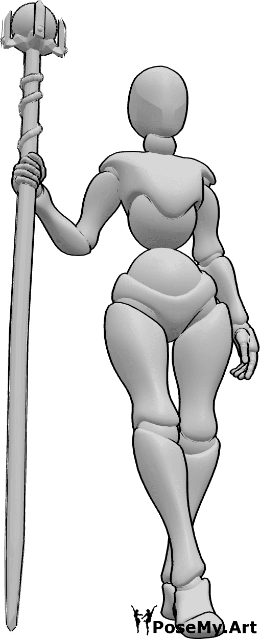 Referência de poses- Pose de bastão mágico feminino - Mulher de pé, segurando um bastão mágico na mão direita, olhando para a frente