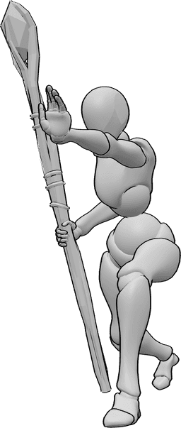 Référence des poses- Pose féminine de lanceur de sorts - La femme s'avance et lance un sort de la main gauche, tenant un bâton magique de la main droite.