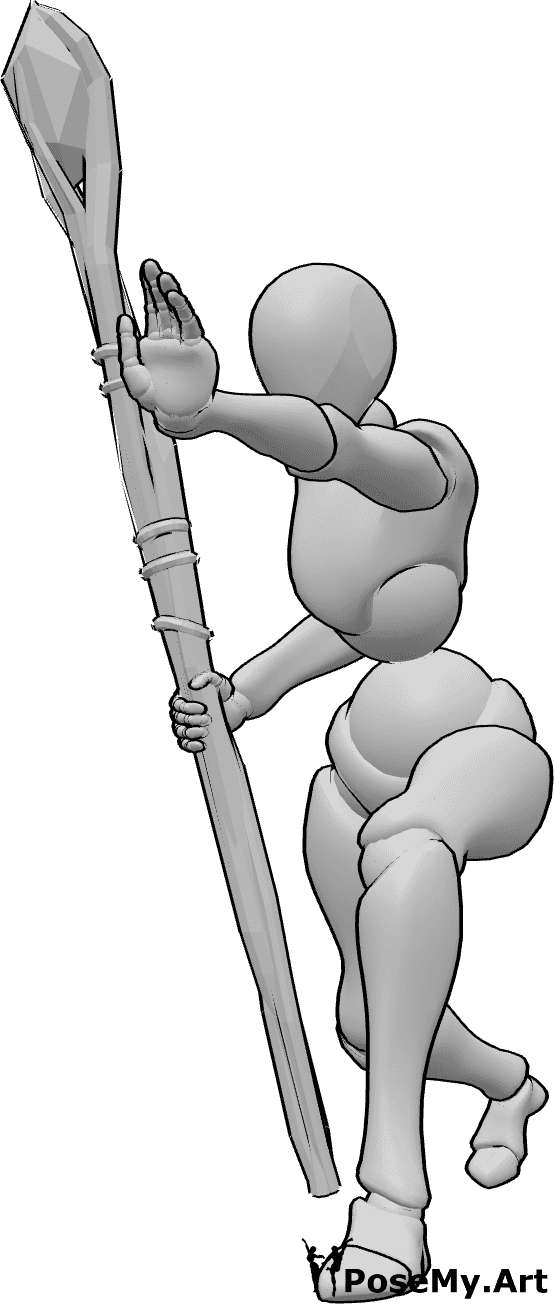 Referencia de poses- Pose femenina para lanzar hechizos - Una mujer da un paso adelante y lanza un hechizo con la mano izquierda, sosteniendo un bastón mágico con la derecha