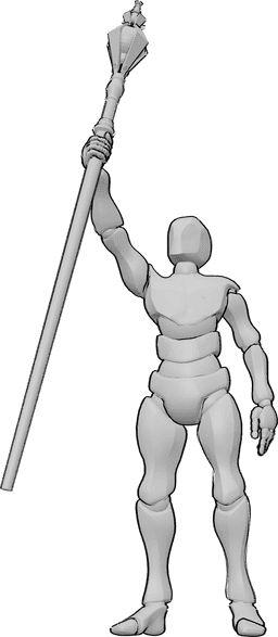 Referência de poses- Levantar a pose do bastão mágico - Homem está de pé e levanta o bastão mágico com a mão direita