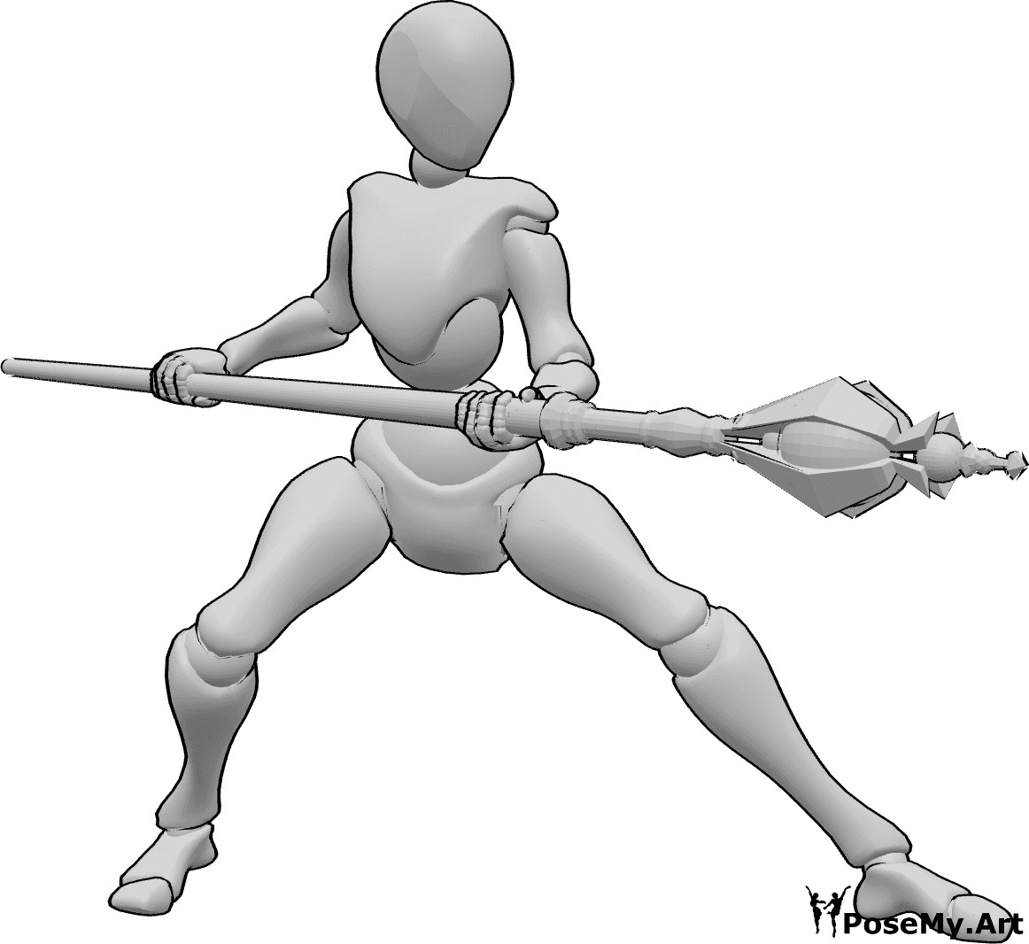 Referência de poses- Pose de ataque do bastão mágico - A mulher segura um bastão mágico com as duas mãos e está pronta para atacar