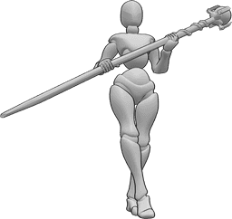 Référence des poses- Bâton magique, pose de marche - Femme tenant un bâton magique à deux mains et marchant.