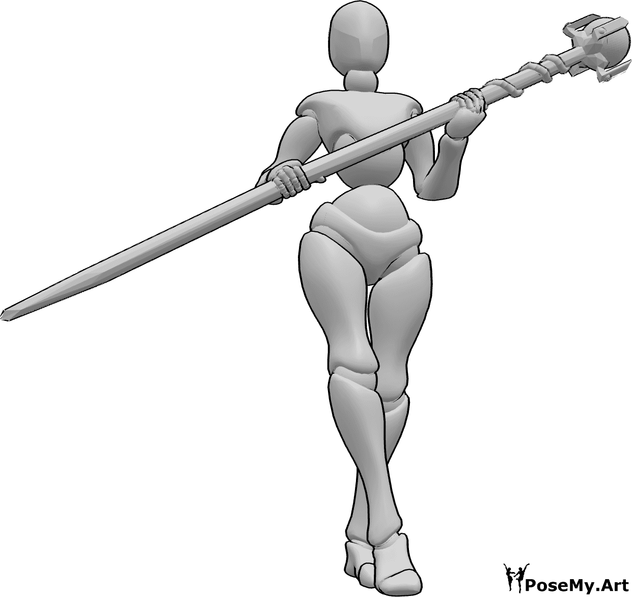 Referência de poses- Pose de caminhada do bastão mágico - Mulher segurando um bastão mágico com as duas mãos e caminhando