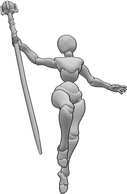Referencia de poses- Postura de bastón mágico flotante - Mujer flotando en el aire y lanzando hechizos con su bastón mágico en la mano derecha.