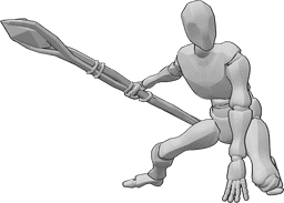Referencia de poses- Postura del bastón de mando - Male está aterrizando, sosteniendo un bastón mágico en su mano derecha, mirando a la izquierda