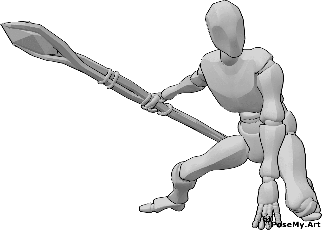 Referencia de poses- Postura del bastón de mando - Male está aterrizando, sosteniendo un bastón mágico en su mano derecha, mirando a la izquierda