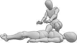 Referência de poses- Pose de cura feminina - A mulher curandeira está agachada e cura a mulher que está deitada ferida