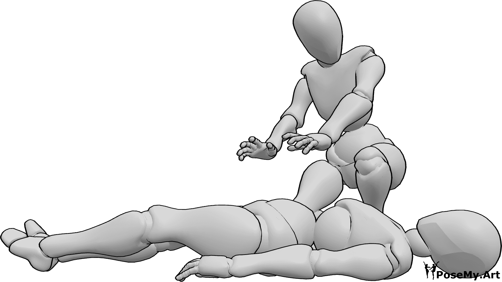 Posen-Referenz- Weibliche Heilungspose - Eine Heilerin hockt sich hin und heilt die verletzte Frau, die am Boden liegt.