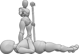 Referencia de poses- Hechicera curandera pose - Mujer curandera de pie, sosteniendo un bastón mágico y curando a la mujer tendida en el suelo.