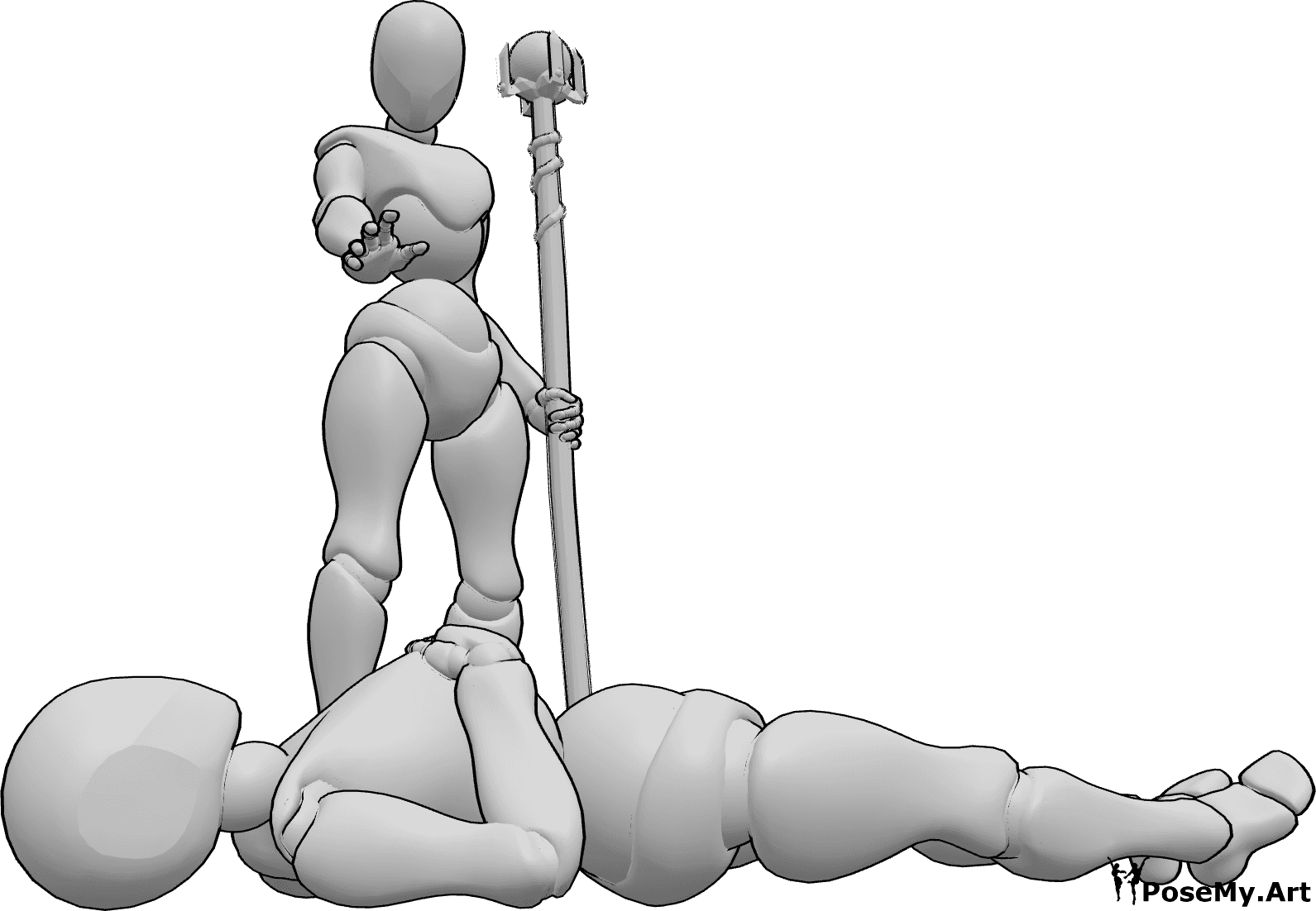 Posen-Referenz- Weiblicher Zauberer Heiler Pose - Weibliche Heilerin steht, hält einen Zauberstab und heilt die am Boden liegende Frau