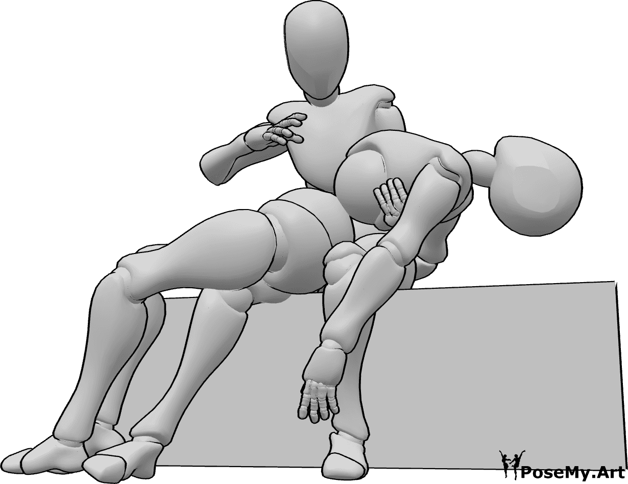 Referencia de poses- Postura de curación sentada - Curandera sentada curando a una mujer herida que está tumbada en su regazo.