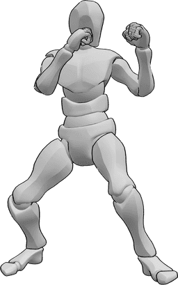 Posen-Referenz- Männliche Boxhaltung Pose - Das Männchen steht im Boxerstand, seine Hände sind zu Fäusten geballt, bereit zum Kampf