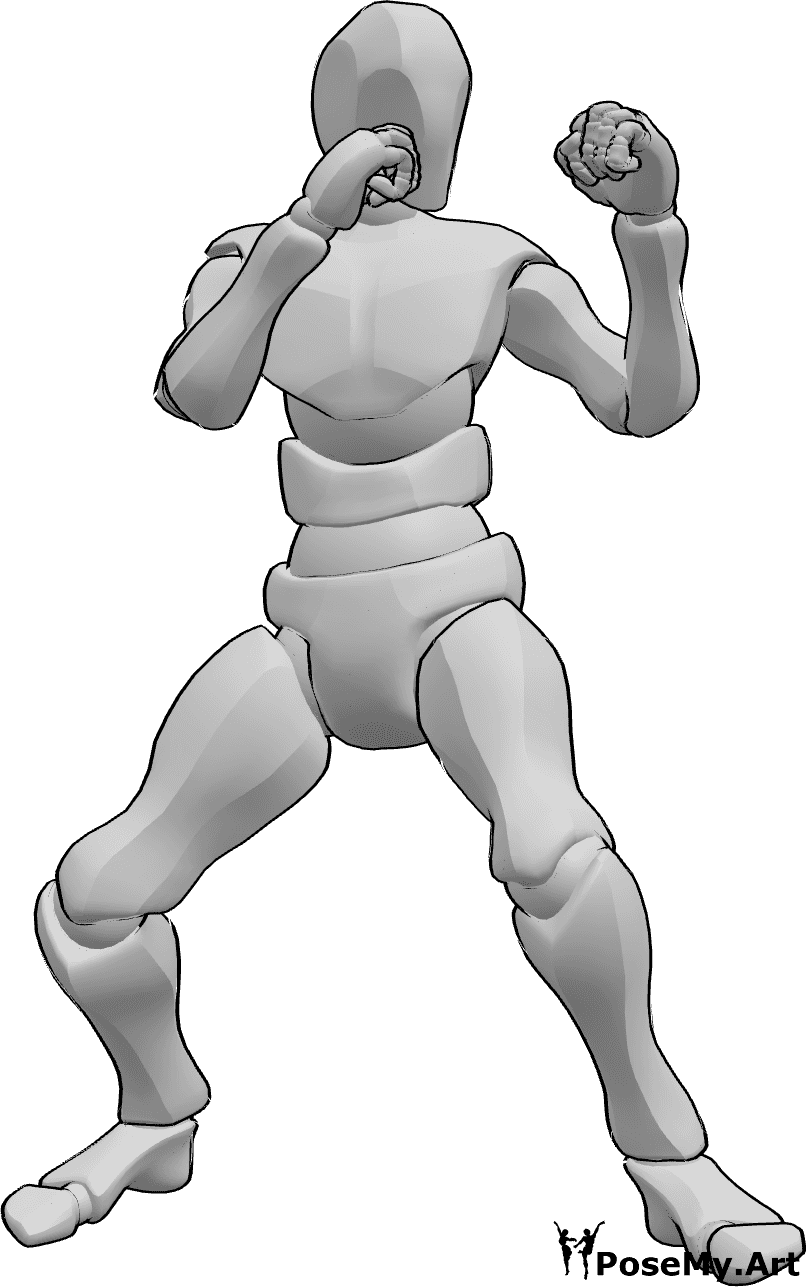 Référence des poses- Posture de boxe masculine - L'homme est en position de boxe, ses mains sont serrées en poings, prêt à se battre.